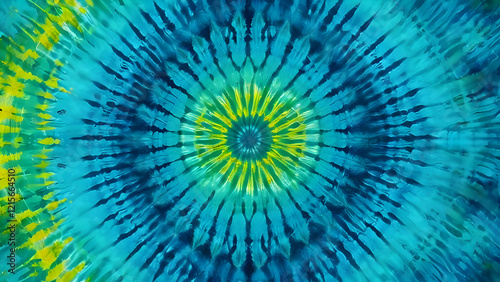 Vibrant abstract tie-dye background with dynamic radiating patterns in shades of blue, green, and yellow, featuring a soft blurred effect.
