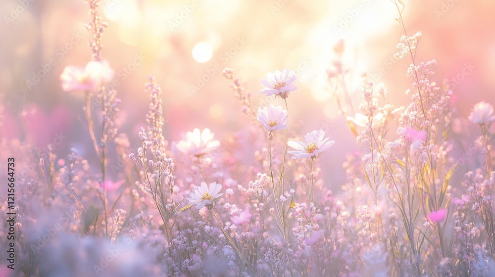 Soft sunlight illuminates a field of delicate white and pink wildflowers. Soft sunlight illuminates a field of delicate white and pink wildflowers.