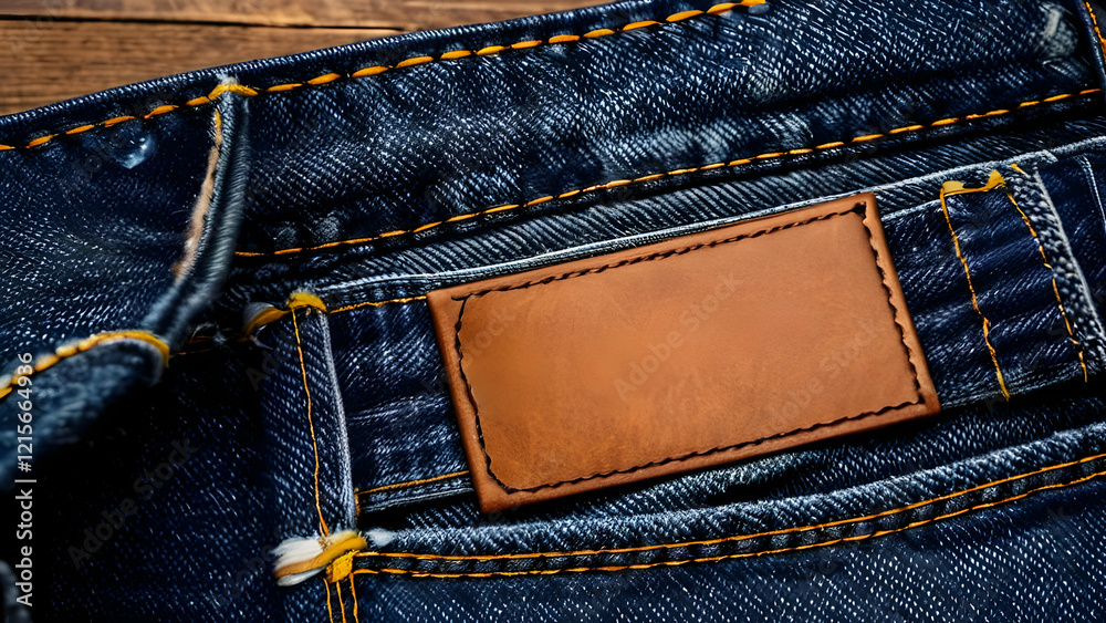 Classic blue denim jeans with a blank leather label tag, perfect for branding, fashion mockups, and apparel design concepts. Classic blue denim jeans with a blank leather label tag, perfect for branding, fashion mockups, and apparel design concepts.