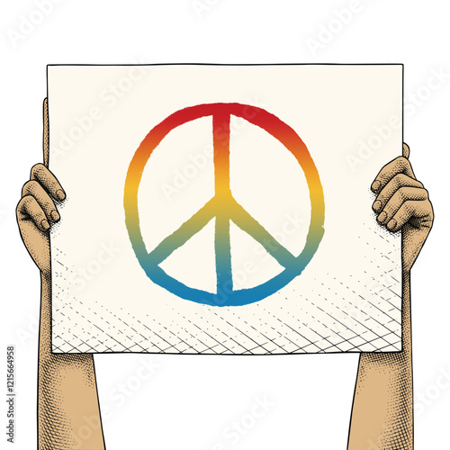 Hand Raises a Sign That Says Peace Symbol Colored