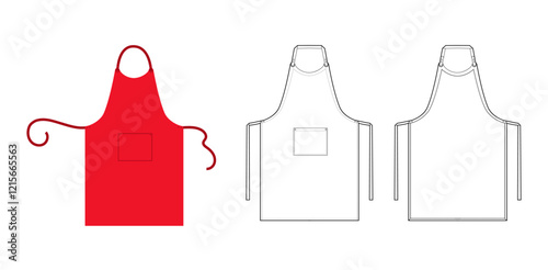 Set of Sommelier Aprons typical A-shaped throw-overs technical fashion illustration. Chef uniform for cooking red cartoon Flat sketch outline apparel template front, back view. Women, men CAD mockup