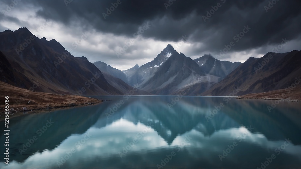 Obraz premium Majestic Mountain Lake Reflection Amid Stormy Clouds in Serene Wilderness Landscape