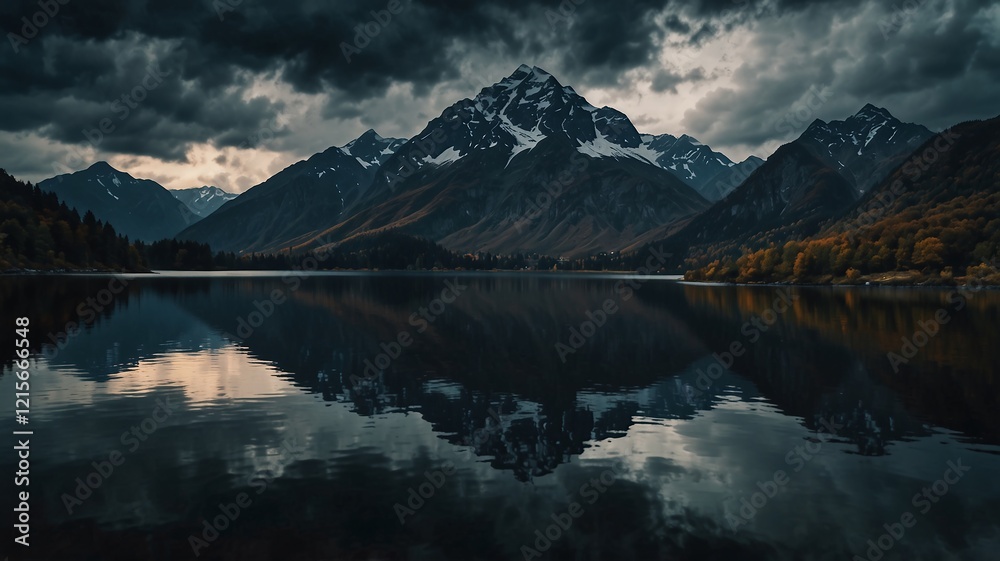Fototapeta premium Dramatic Photograph of Majestic Mountain and Tranquil Lake: Serene Reflection Under Stormy Skies
