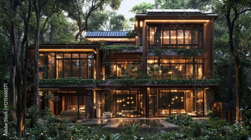 Modern house in forest at dusk with illuminated interior and pool