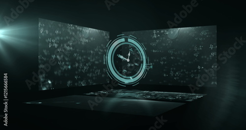 Foto Clock and mathematical formulas image over dark background