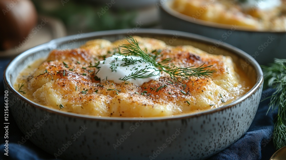 Close-up of Creamy Potato Gratin with Crispy Top, Garnished with Dill and Sour Cream in Rustic Bowl Close-up of Creamy Potato Gratin with Crispy Top, Garnished with Dill and Sour Cream in Rustic Bowl