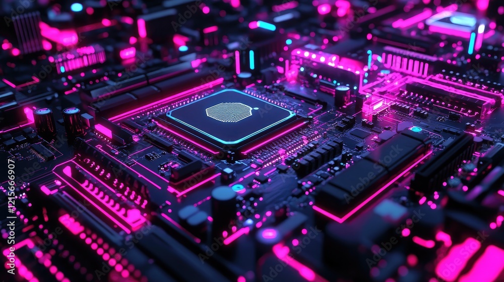 A G chip resting on a futuristic motherboard with neon lights. A G chip resting on a futuristic motherboard with neon lights.