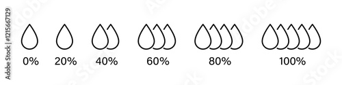 Water proportion icon set. Raindrop percent outline symbol collection. Vector icons