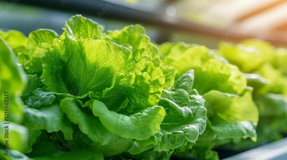 Fresh green lettuce growing in a greenhouse with sunlight illuminating the vibrant leaves Fresh green lettuce growing in a greenhouse with sunlight illuminating the vibrant leaves