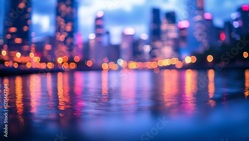 Blurred city lights reflected on water at night.