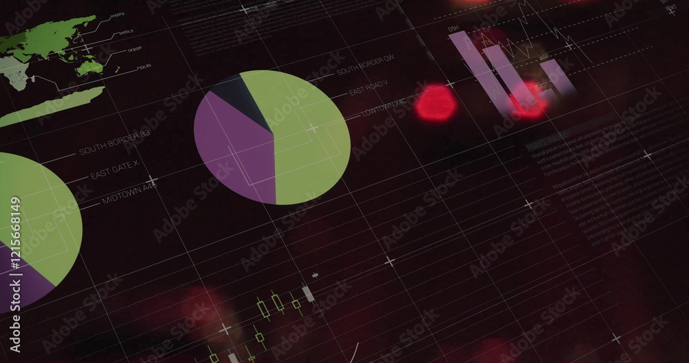 Pie charts and financial graphs image over blurred red lights background Pie charts and financial graphs image over blurred red lights background