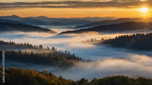 Misty Morning Adventure: Lush Greenery and Fog Rolling Over the Valley