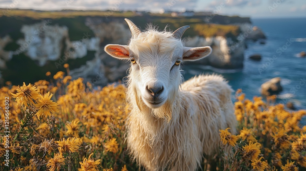 Curious Goat in a Field of Yellow Wildflowers Overlooking the Ocean Curious Goat in a Field of Yellow Wildflowers Overlooking the Ocean