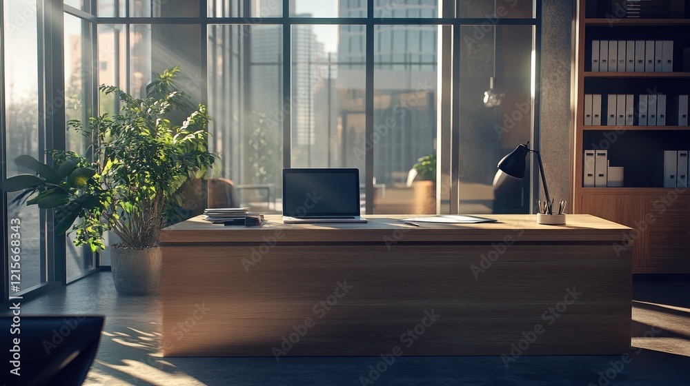 Fototapeta premium A bright office desk with a laptop and financial reports in a professional setting.