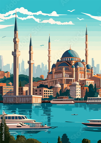 Travel Destination in Istanbul Turkey vintage print. holidays concept of illustration