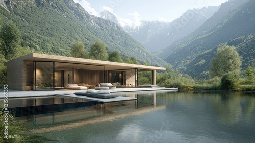 Modern house with pool, mountain valley view, sunny day