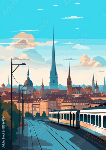 Travel Destination in Copenhagen Denmark vintage print. holidays concept of illustration