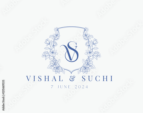 Wedding logo wreath vector design royal style blue color illustration monogram crest design