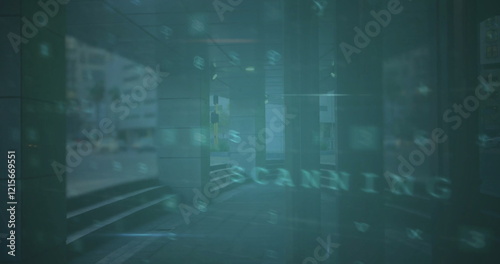 Image of financial data processing over building in city