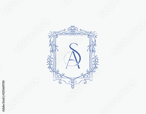 Wedding logo wreath vector design royal style blue color illustration monogram crest design
