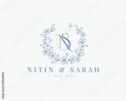 Wedding logo wreath vector design royal style blue color illustration monogram crest design
