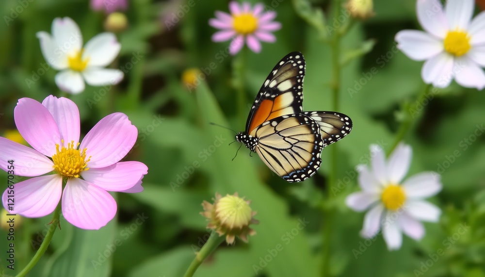 Beautiful Monarch Butterfly Flying Over Vibrant Pink Cosmos Flowers in a Lush Green Garden Peaceful Nature Scene Summer Floral Photography art wing Beautiful Monarch Butterfly Flying Over Vibrant Pink Cosmos Flowers in a Lush Green Garden Peaceful Nature Scene Summer Floral Photography art wing