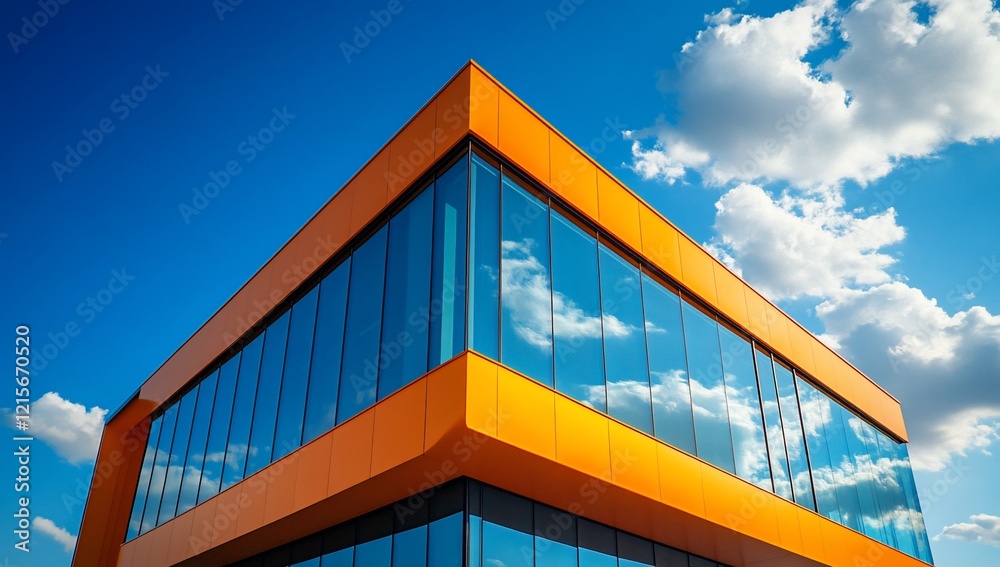 Fototapeta premium Modern orange glass building against blue sky.