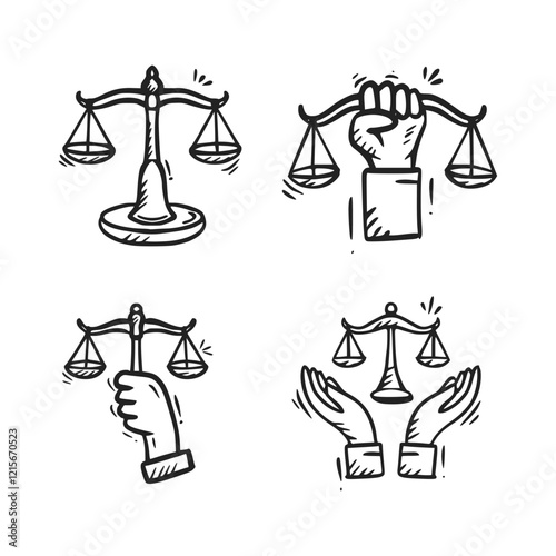 Justice and law hand drawn icon collection. World Day of Social Justice doodle illustration pack. Set of justice sketch ouline containing scale, fist, legal law.
