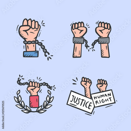 Justice and law hand drawn icon collection. World Day of Social Justice doodle illustration pack. Set of justice sketch containing scale, fist, legal law.