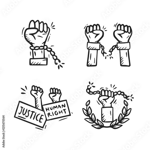Justice and law hand drawn icon collection. World Day of Social Justice doodle illustration pack. Set of justice sketch ouline containing scale, fist, legal law.