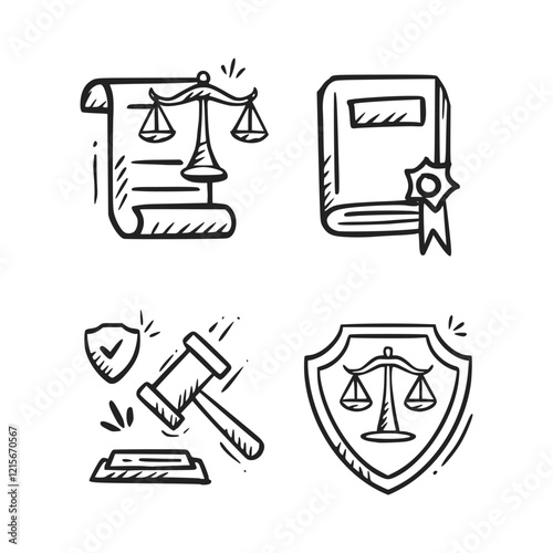 Justice and law hand drawn icon collection. World Day of Social Justice doodle illustration pack. Set of justice sketch ouline containing scale, fist, legal law.