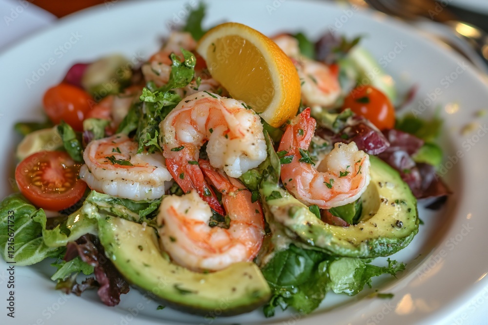 Delicious shrimp and avocado salad with cherry tomatoes and lemon. Delicious shrimp and avocado salad with cherry tomatoes and lemon.
