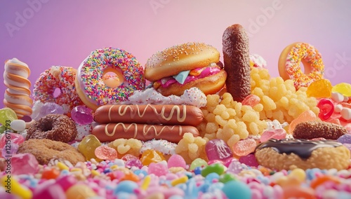 A colorful pile of sugary treats including donuts, candy, burgers, and hot dogs. photo