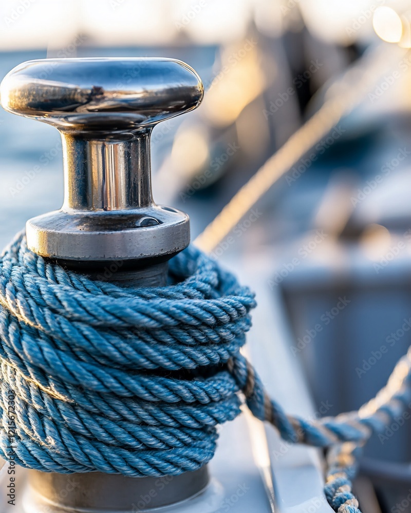 Obraz premium Close-up of a boat cleat with coiled blue rope.