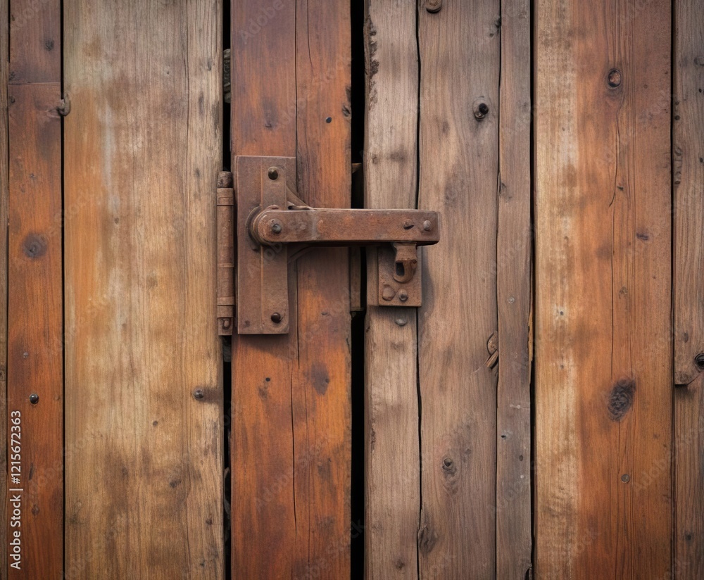 A rusty door hinge placed on a weathered wooden door surface with patina , corroded, wood A rusty door hinge placed on a weathered wooden door surface with patina , corroded, wood
