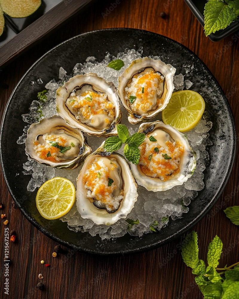 Four fresh oysters on ice with lime wedges and herbs, served on a black plate. Four fresh oysters on ice with lime wedges and herbs, served on a black plate.