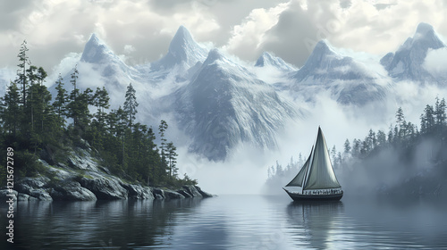 Majestic misty fjord: a sublime seascape. Majestic Fjord. Illustration