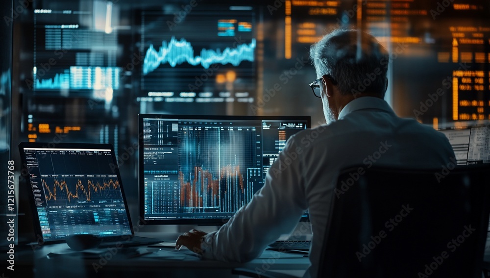 Senior analyst reviewing financial data on multiple computer screens in a dark room. Senior analyst reviewing financial data on multiple computer screens in a dark room.