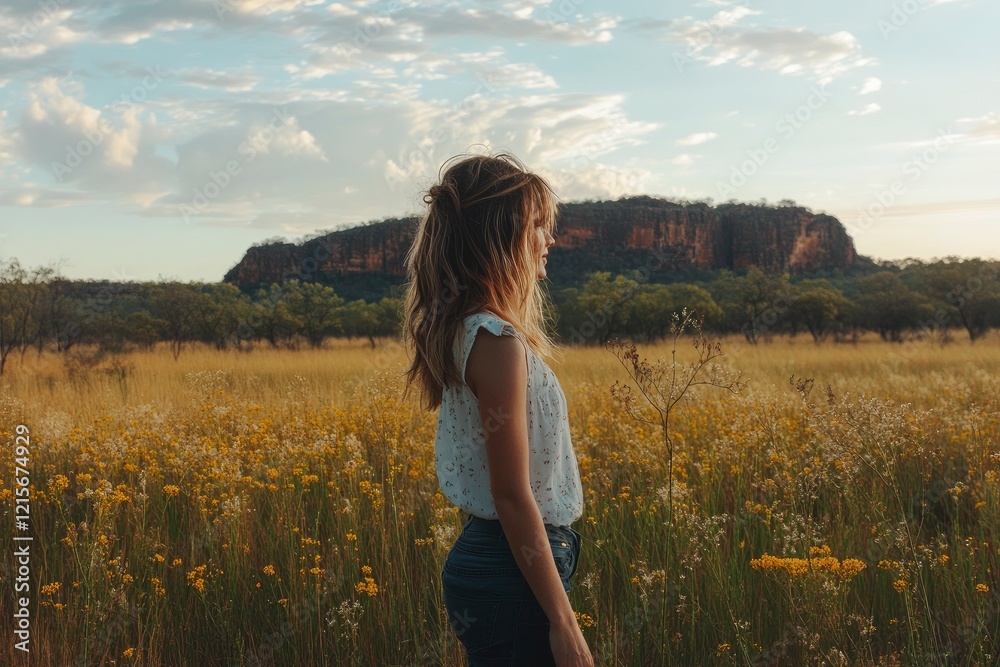 Woman in Field at Sunset Golden Hour Landscape Photo Woman in Field at Sunset Golden Hour Landscape Photo