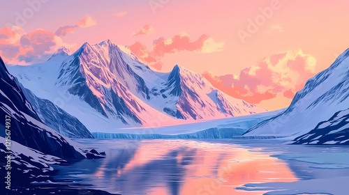 Wide shot of majestic mountain range at edge of expansive greenlandic fjord, vast wilderness, frozen tundra, mountain majesty. Majestic Fjord. Illustration photo