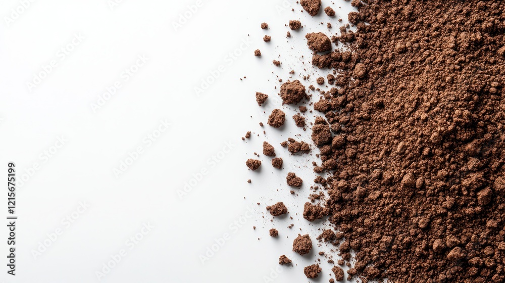 Cocoa powder pile, white background, food texture, recipe ingredient Cocoa powder pile, white background, food texture, recipe ingredient