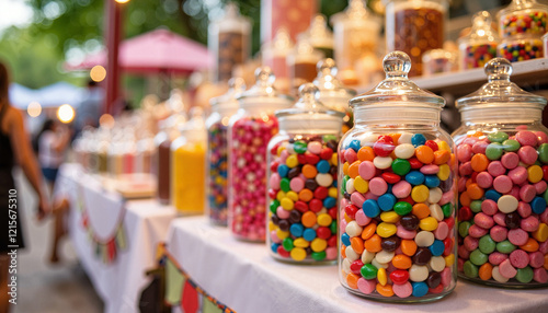 Colorful artisan candy jars at festive market, joyful indulgence