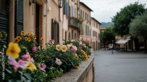 Colorful flowers bloom vibrantly along a quaint street in a picturesque village, under a bright spring sky. photo