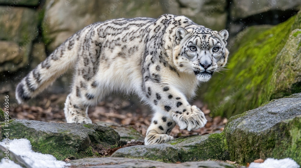 Fototapeta premium Majestic Snow Leopard Prowling Amongst Rocks