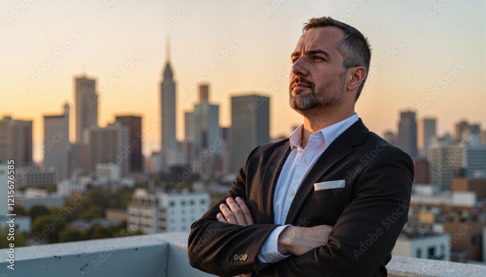 Worried stock broker contemplating skyline at sunset, financial stress