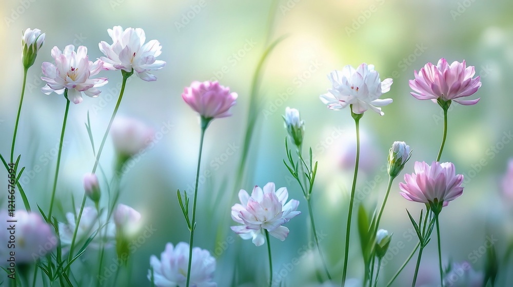 Soft focus image of delicate pink and white wildflowers in a field. Soft focus image of delicate pink and white wildflowers in a field.