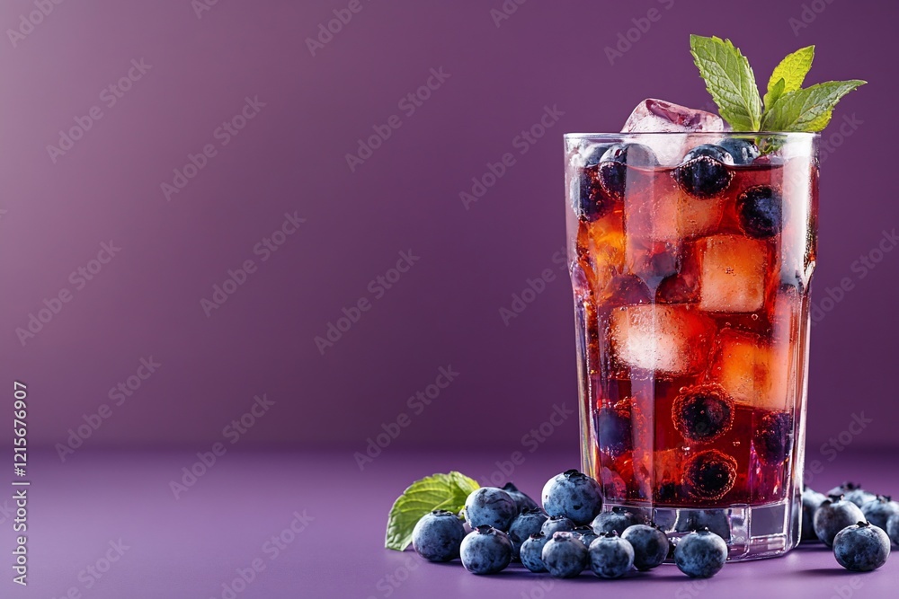 Iced blueberry drink in glass with ice and mint. Iced blueberry drink in glass with ice and mint.