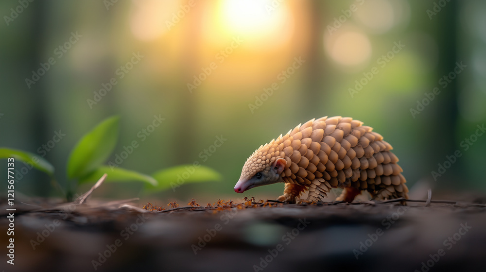 Obraz premium pangolin walks through forest at sunset, surrounded by greenery and soft light.