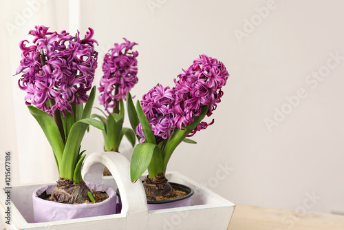 Basket with hyacinths on wooden table near light wall