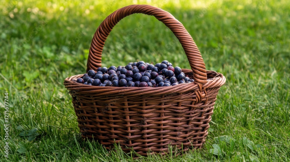 A mocha-colored wicker basket filled with freshly picked blueberries sits on a vibrant grassy field. It captures the essence of summer gatherings and outdoor enjoyment A mocha-colored wicker basket filled with freshly picked blueberries sits on a vibrant grassy field. It captures the essence of summer gatherings and outdoor enjoyment